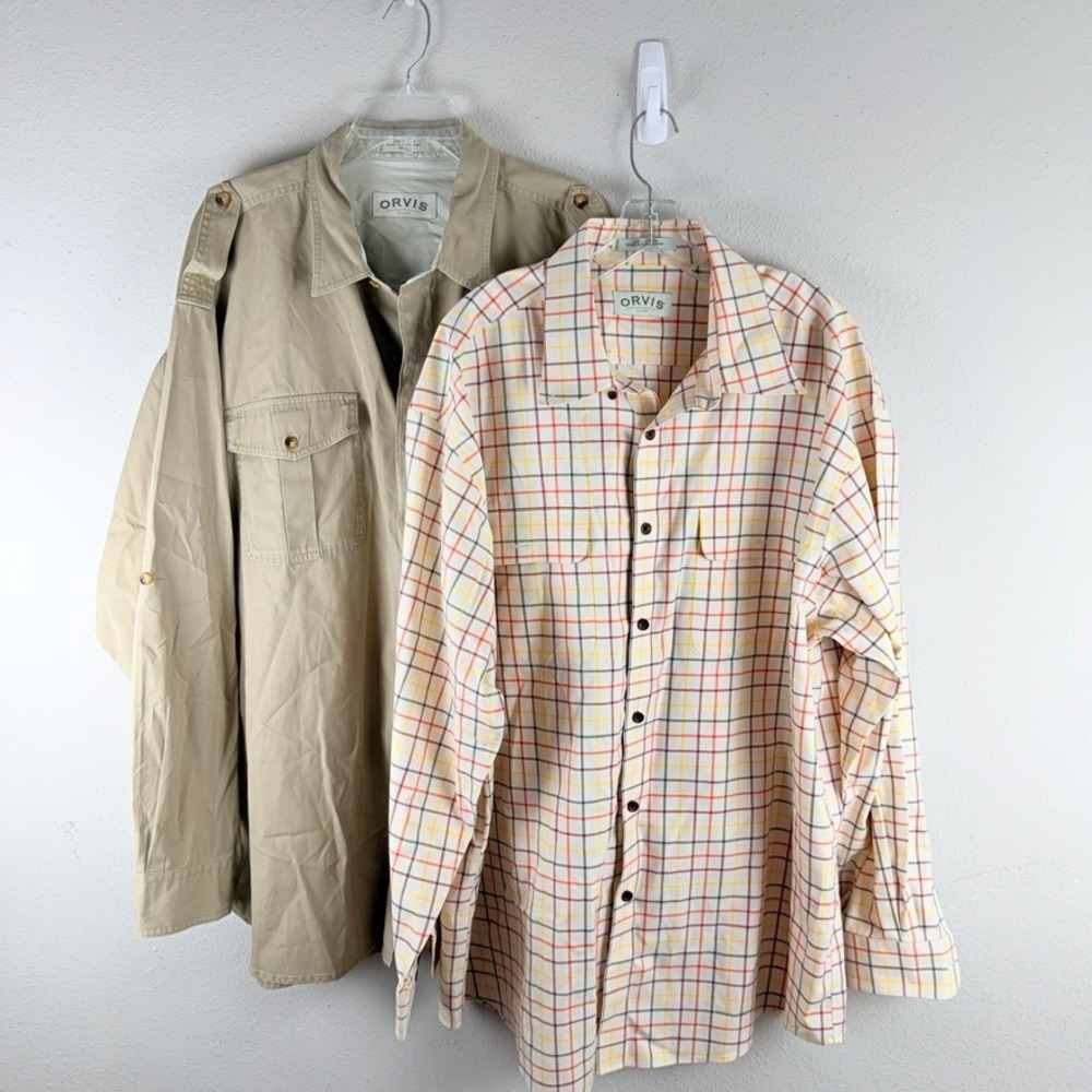 Orvis Button Down Shirt Lot 2 XXL Khaki Plaid Safari Gorpcore Heritage Cabincore